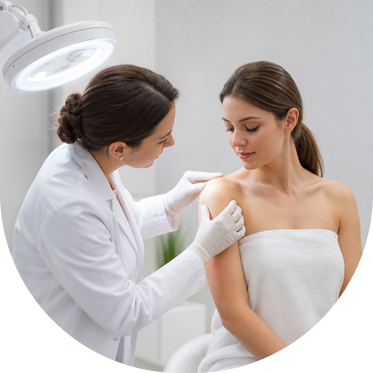 derma-mini-onko Онкодерматолог осматривает кожу плеча пациентки